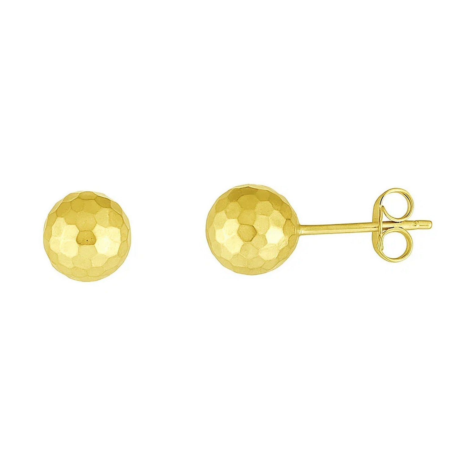 14k Yellow Gold Ball Earrings with Faceted Texture(7mm) in a sleek high-contrast midnight luxury editorial style